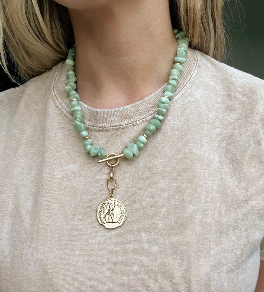 Green Beaded Coin Necklace